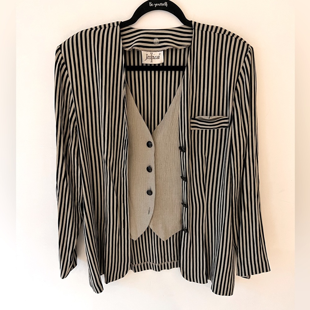 Jessica Black and cream Striped Blazer with Vest Detail